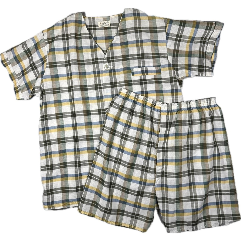 Vtg Diplomat Pajama Set Men's M Multicolor Plaid Short Sleeve V-Neck Shorts